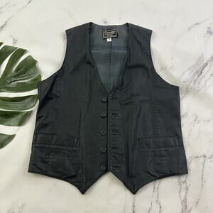 Cougar Mens Vintage 80s Leather Vest Size S Black Biker Goth Solid Buttons